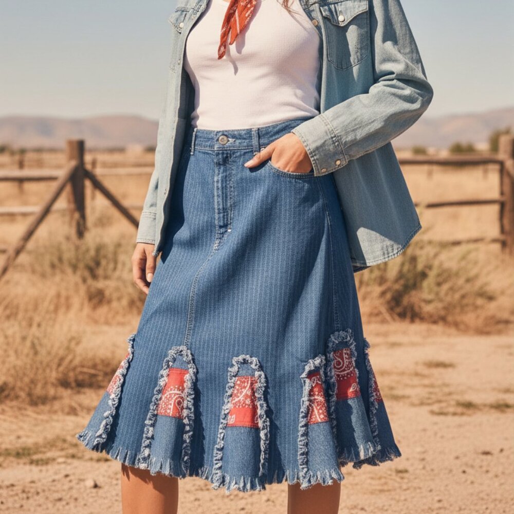 VINTAGE Upcycled Lee Denim Skirt S Red Bandana Pintucked Handmade Wearable Art